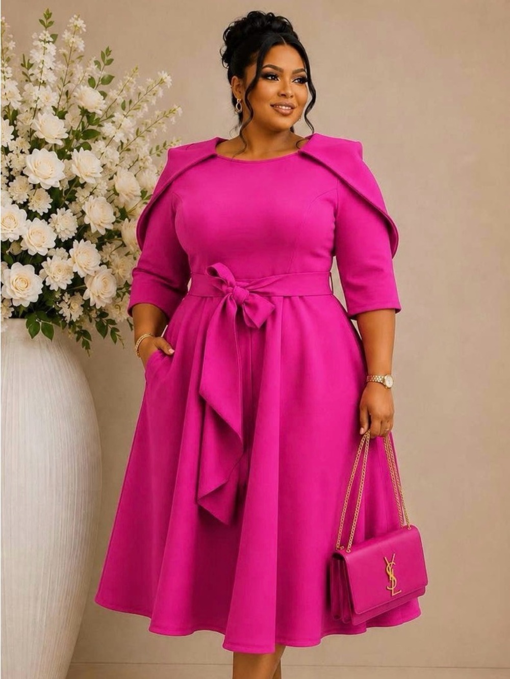 Girls Fuchsia Fit-and-Flare Dress with Bow
